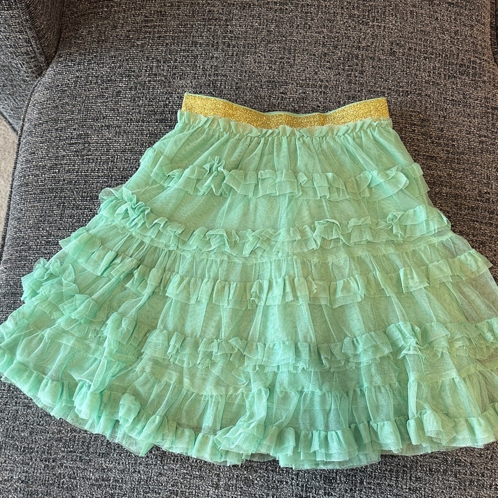 Mini Boden Green Ruffle Tulle Skirt with Gold Elastic Waistband.